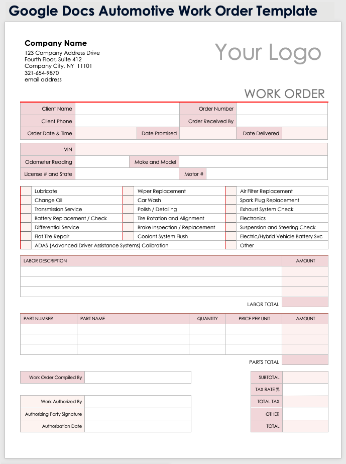 Google Docs Automotive Work Order Template