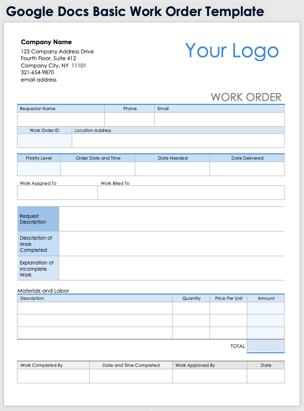 Free Google Docs Work Order Templates Forms Edit Print