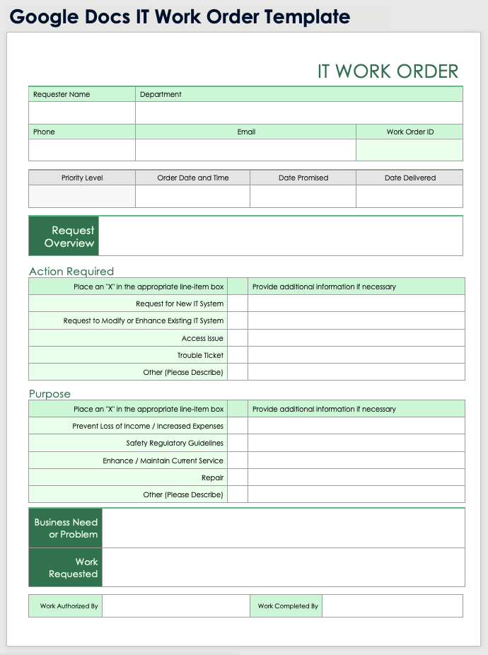 Google Docs IT Work Order Template