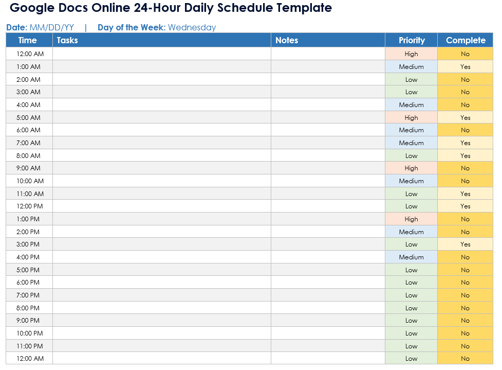 Google Docs Online 24 Hour Daily Schedule Template