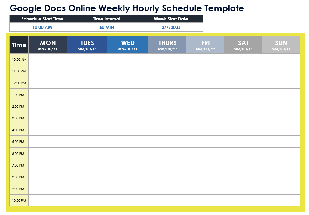 Google Docs Online Weekly Hourly Schedule Template