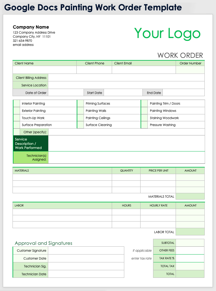 Google Docs Painting Work Order Template