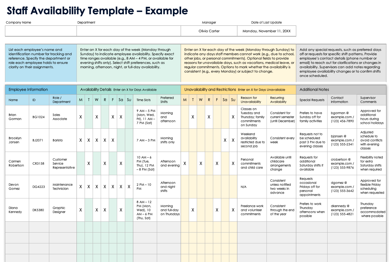 Staff Availability Template Example