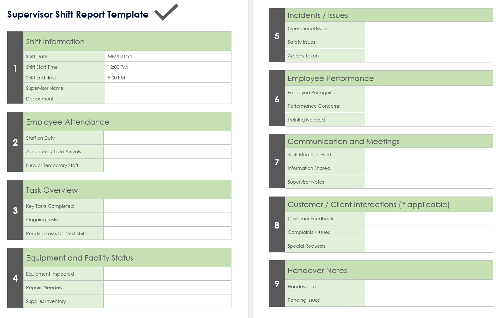 Supervisor Shift Report Template