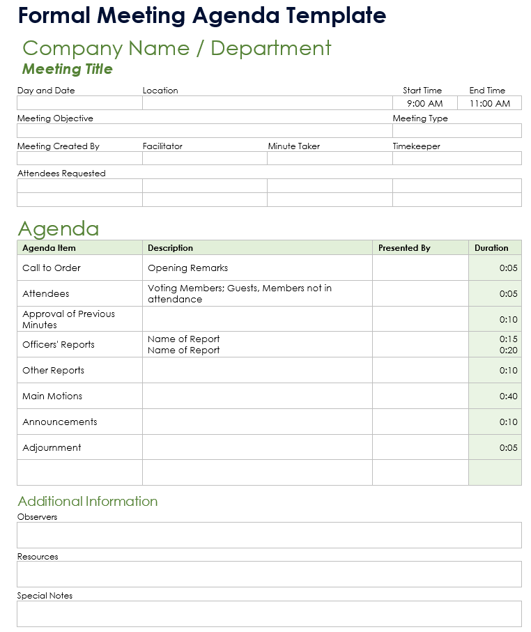 Formal Meeting Agenda Template