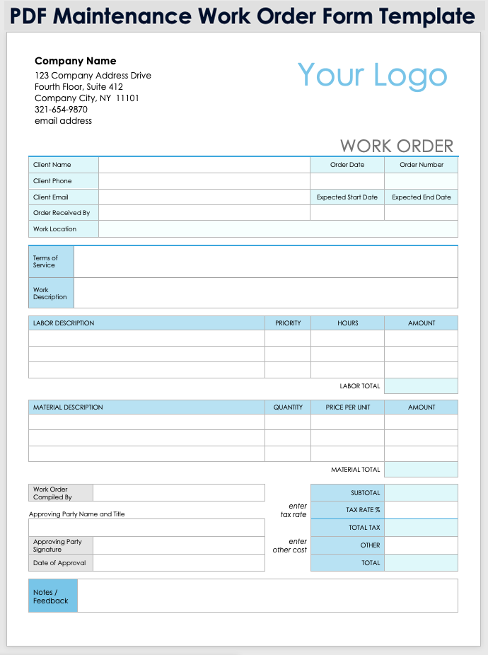 Maintenance Work Order Template