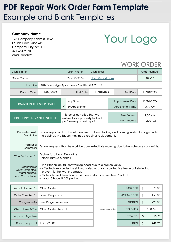 Repair Work Order Template Example and Blank