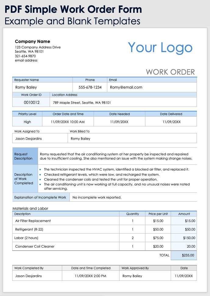 Simple Work Order Template Example and Blank