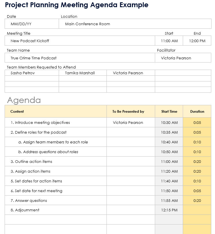 Project Planning Meeting Agenda Example