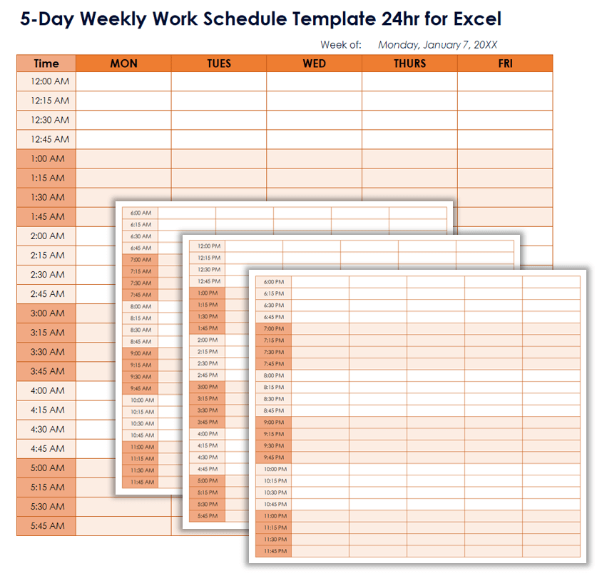 5-Day Weekly Work Schedule Template 24hr for Excel