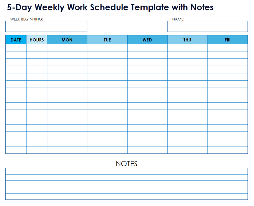 5-Day Weekly Work Schedule Template with Notes for Excel