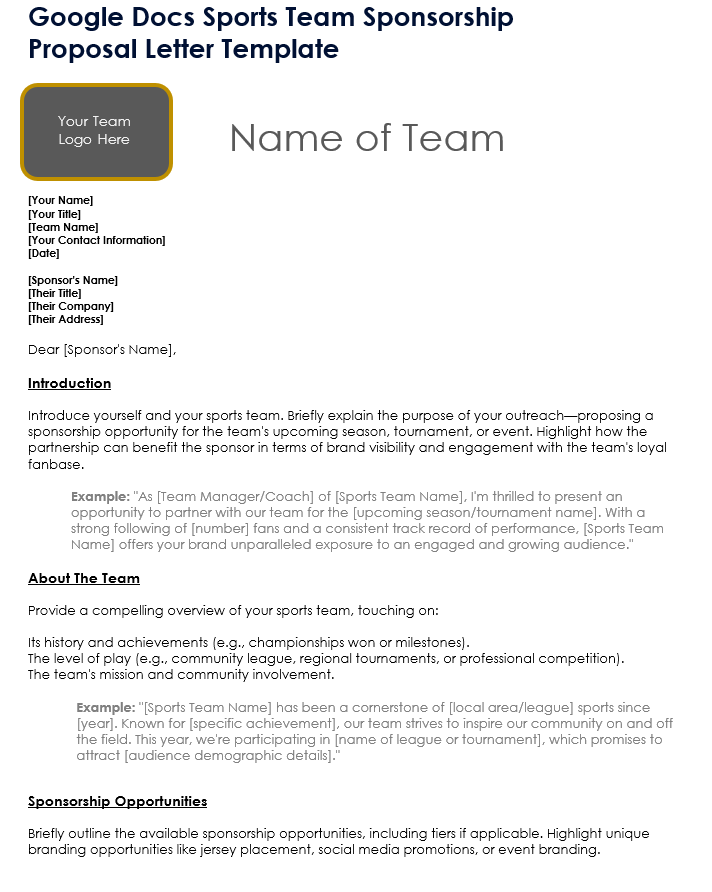 Google Docs Sports Team Sponsorship Proposal Letter Template