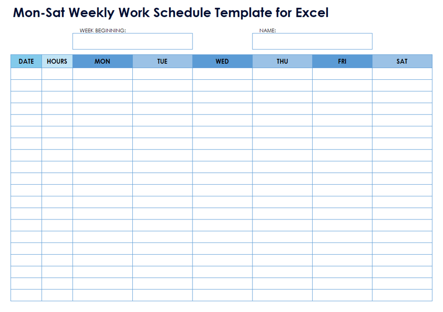 Mon-Sat Weekly Work Schedule Template for Excel