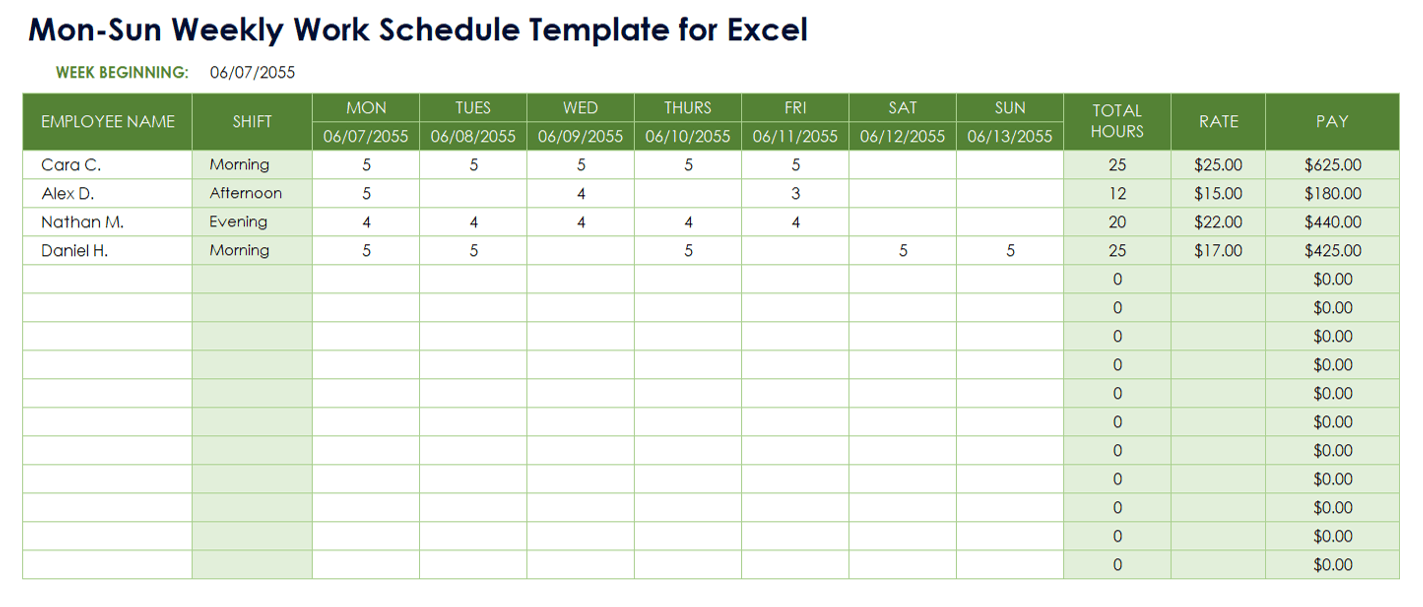 Mon-Sun Weekly Work Schedule Template for Excel