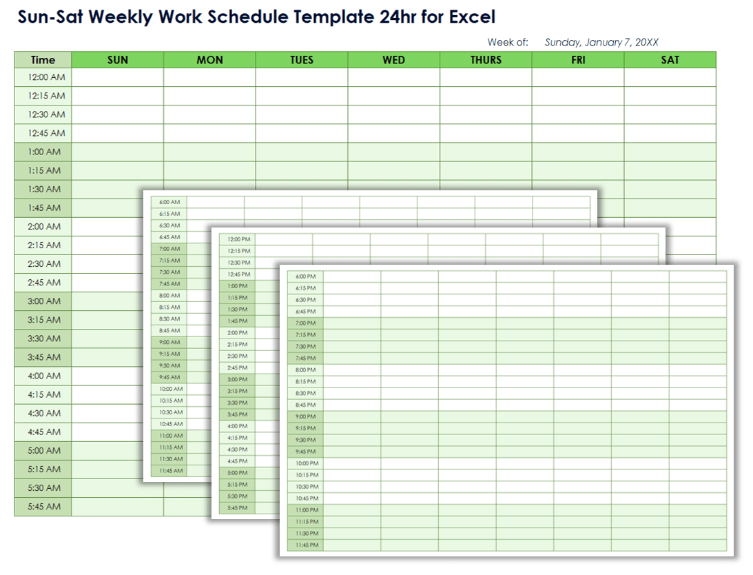 Sun-Sat Weekly Work Schedule Template 24hr for Excel