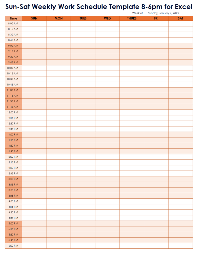 Sun-Sat Weekly Work Schedule Template 8-6pm for Excel