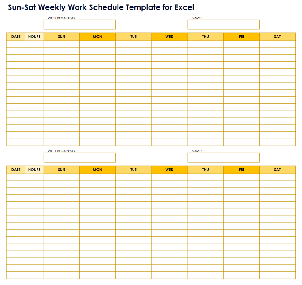 Sun-Sat Weekly Work Schedule Template With Two On Page For Excel