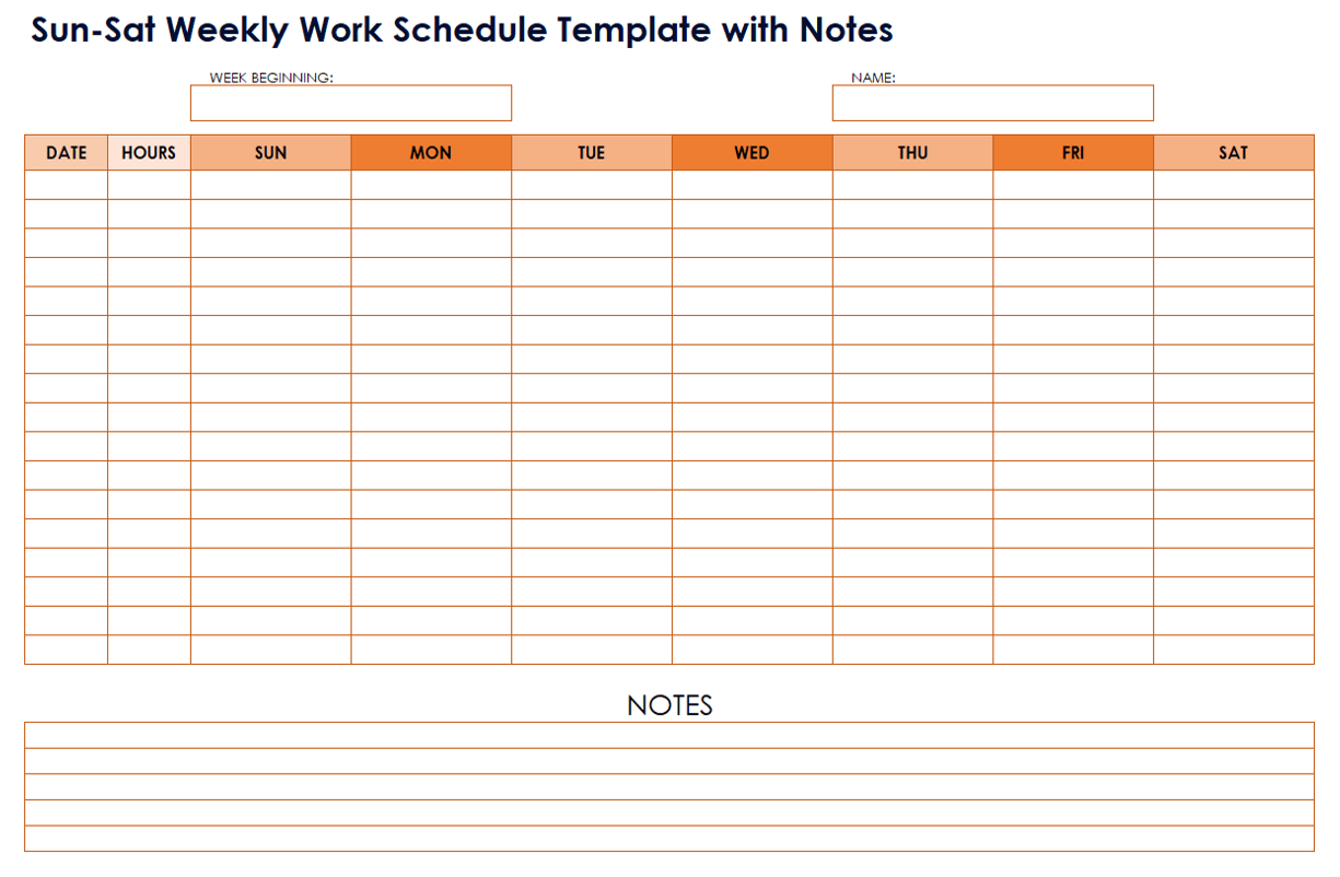 Sun-Sat Weekly Work Schedule Template with Notes for Excel