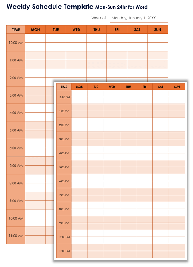 Weekly Schedule Template Mon-Sun 24hr