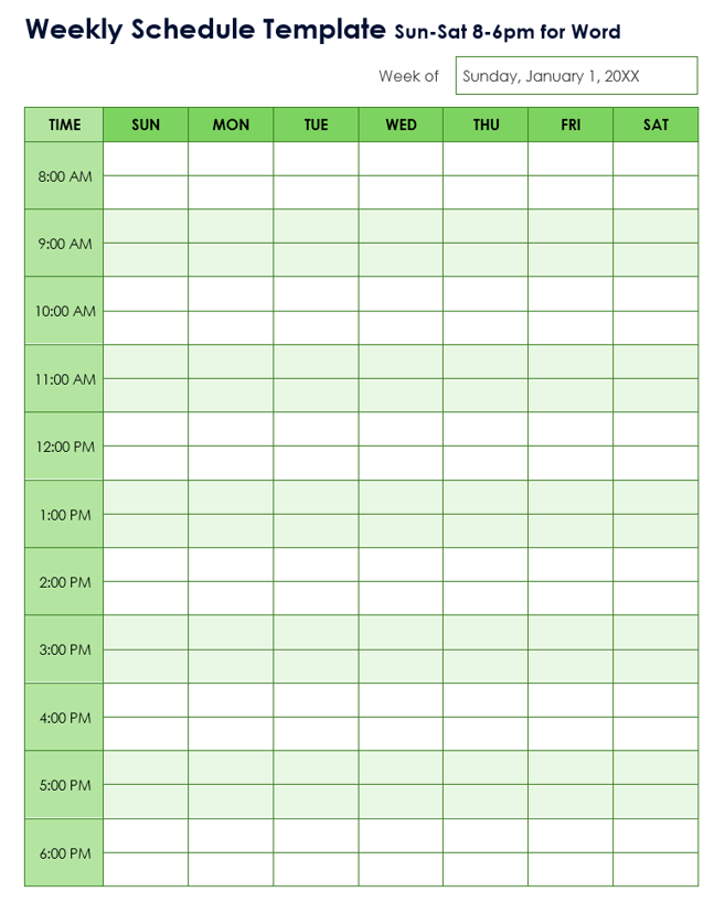 Weekly Schedule Template Sun-Sat 8-6pm