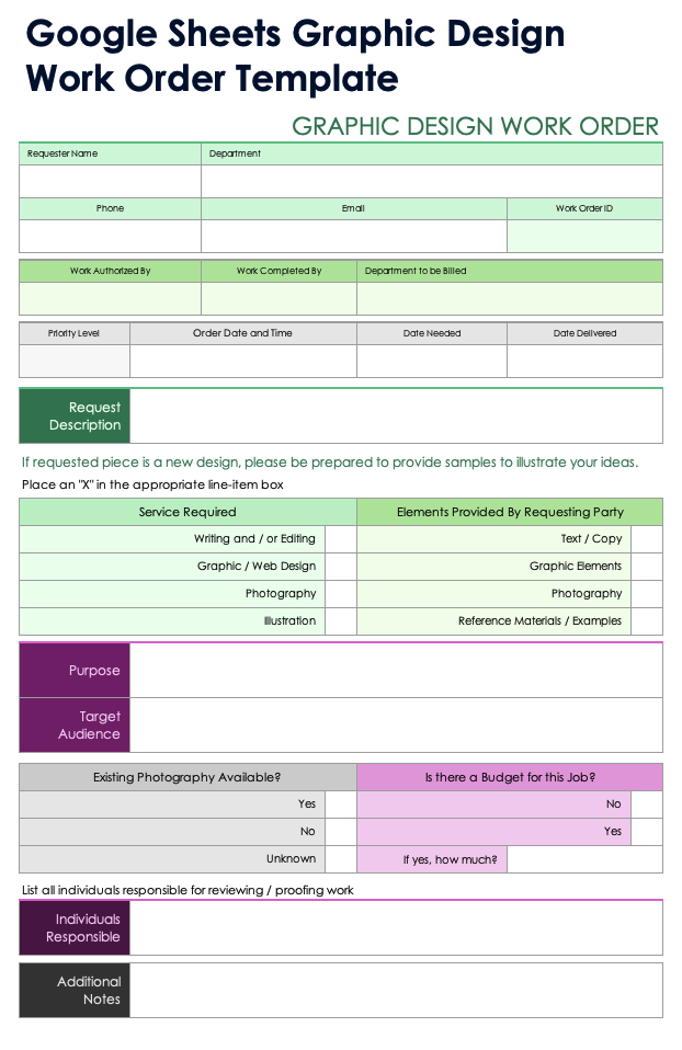 Google Sheets Graphic Design Work Order Template