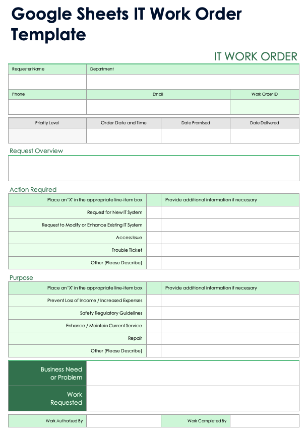 Google Sheets IT Work Order Template