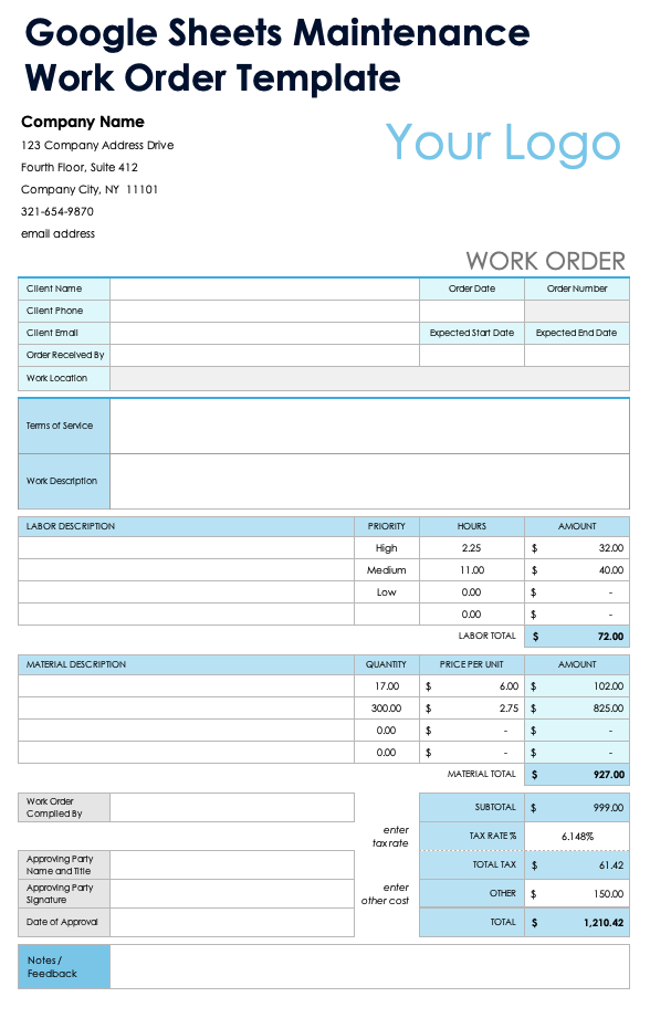 Google Sheets Maintenance Work Order Template