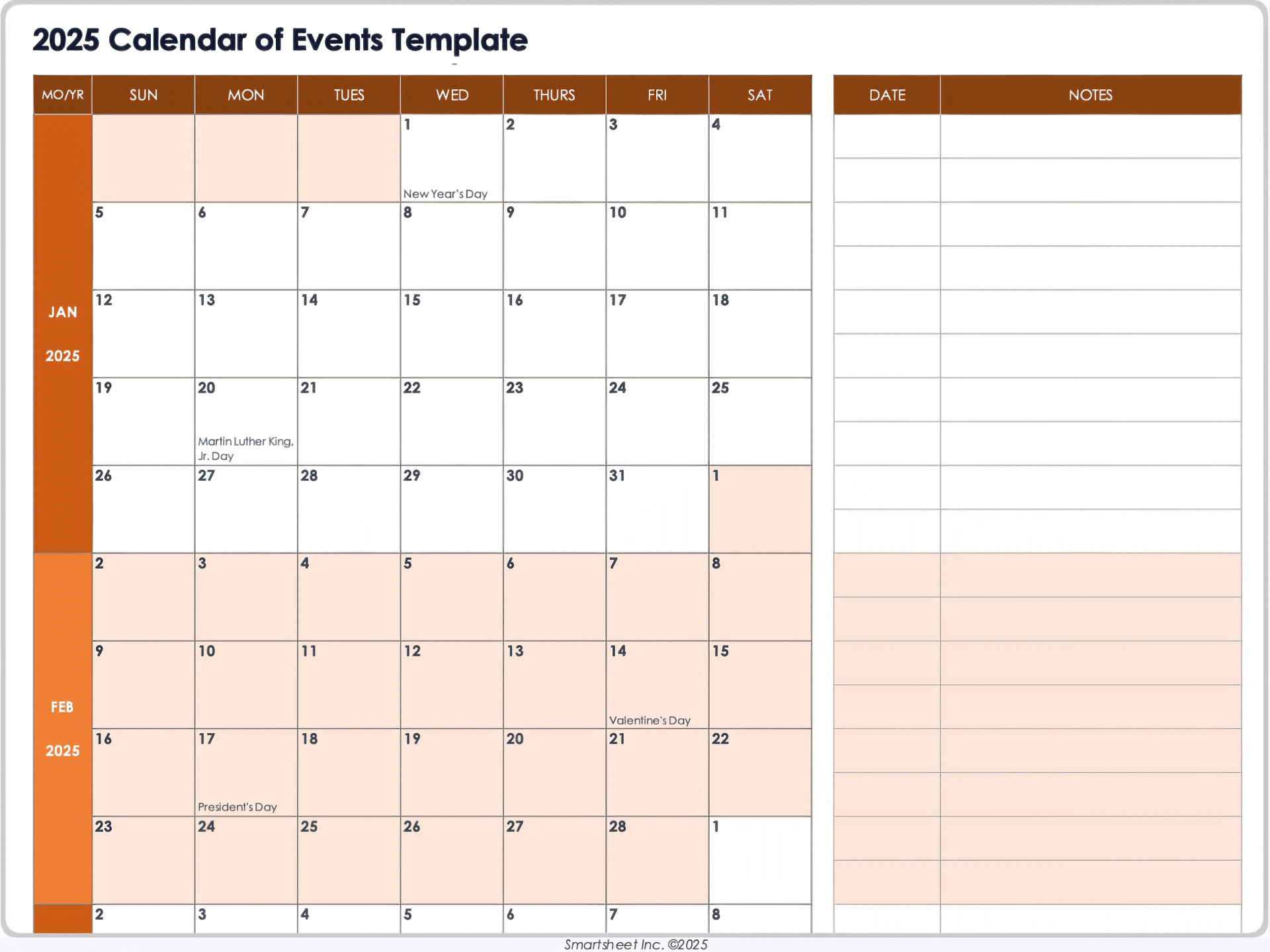 2025 Calendar of Events Template