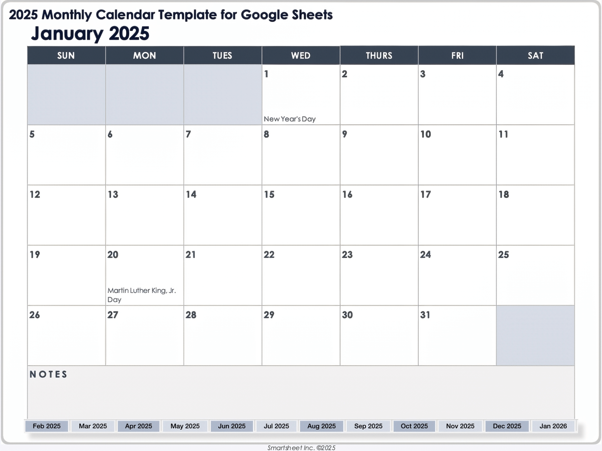 2025 Monthly Calendar Template for Google Sheets