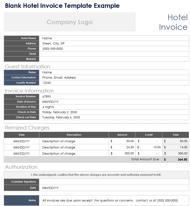 Blank Hotel Invoice Template