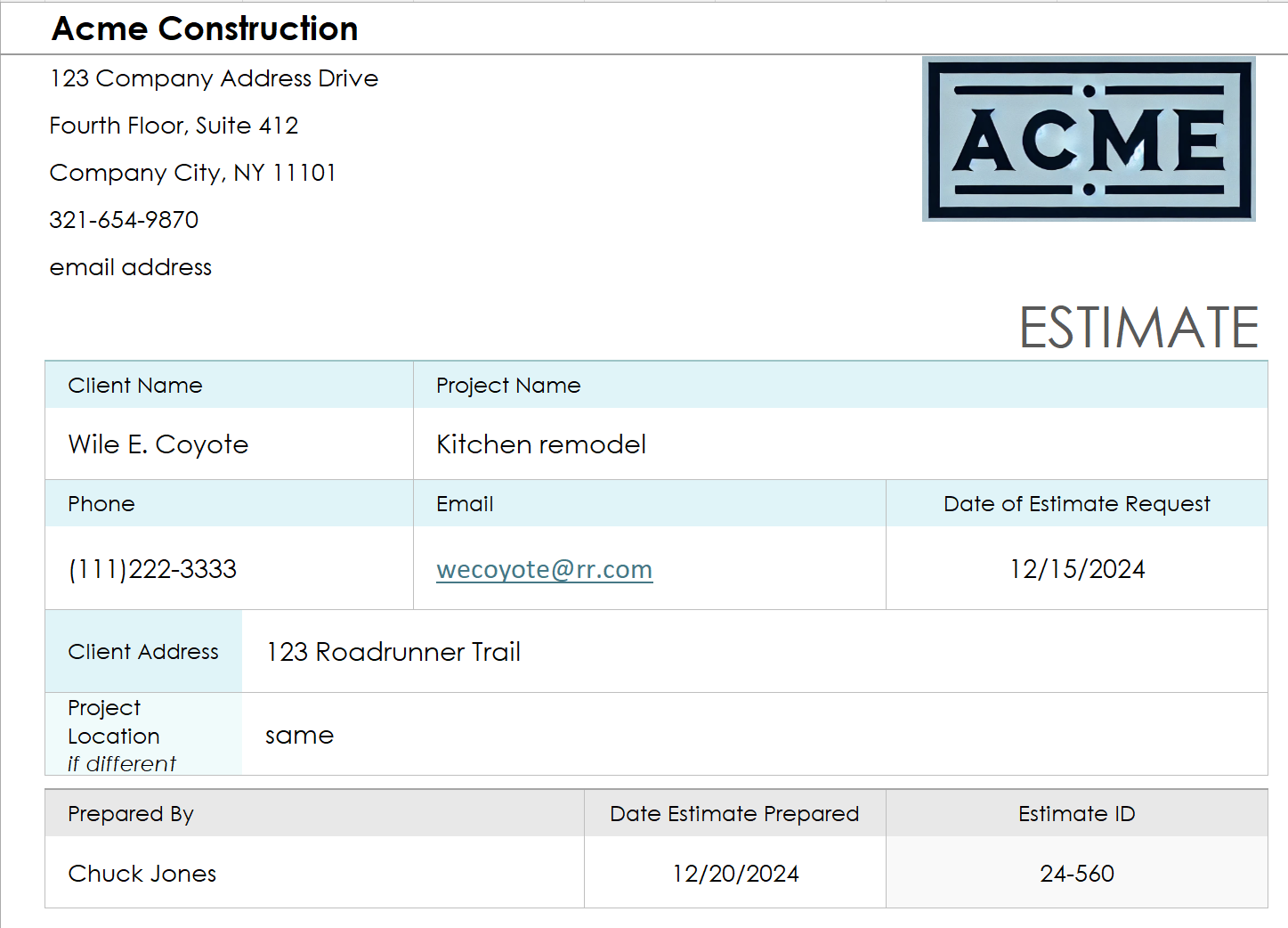 Construction Estimate Example 2