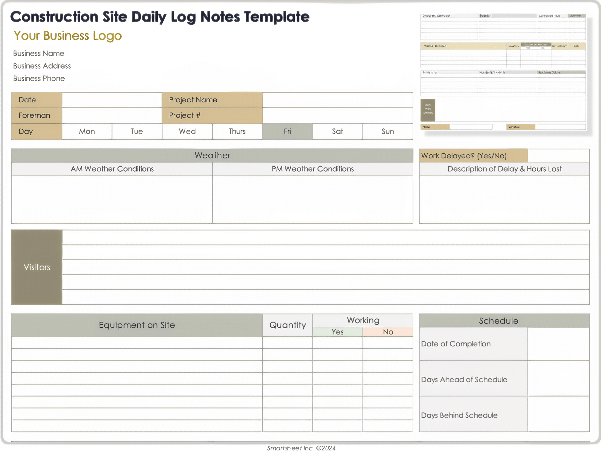 Construction Site Daily Log Notes Template