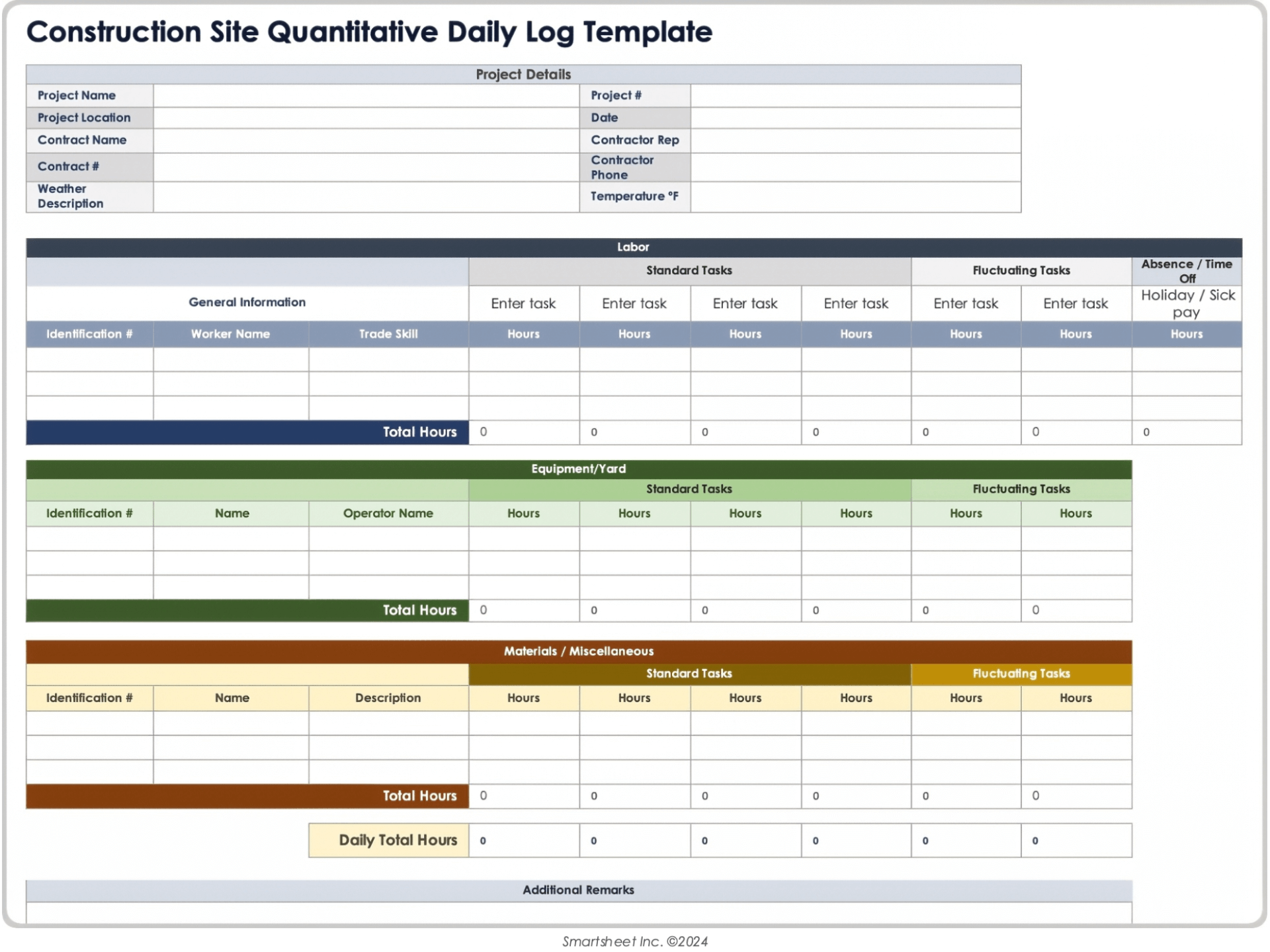 Construction Site Quantitative Daily Log Template