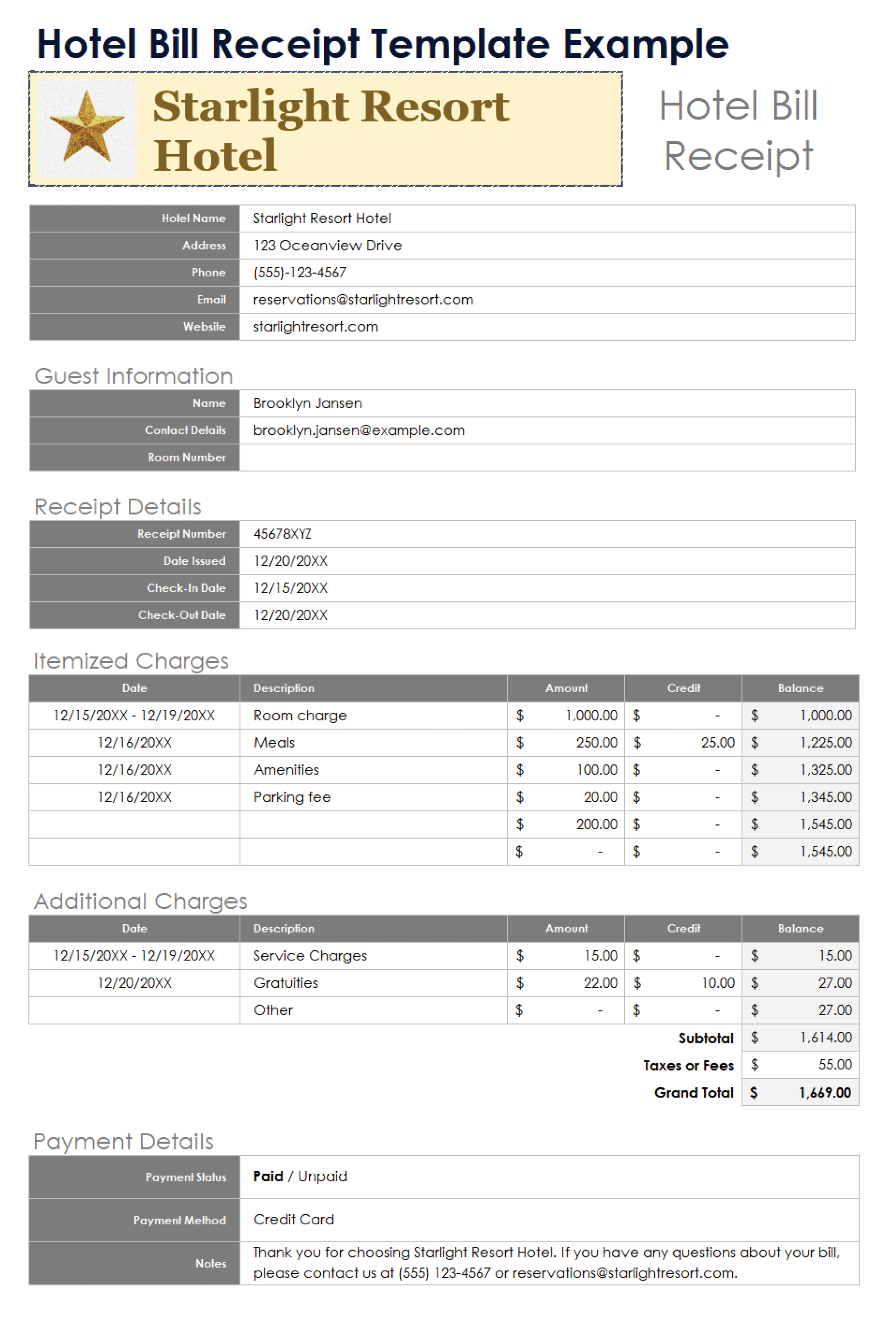 Hotel Bill Receipt Template Example