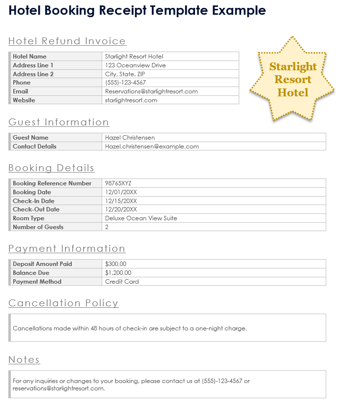 Hotel Booking Receipt Template Example