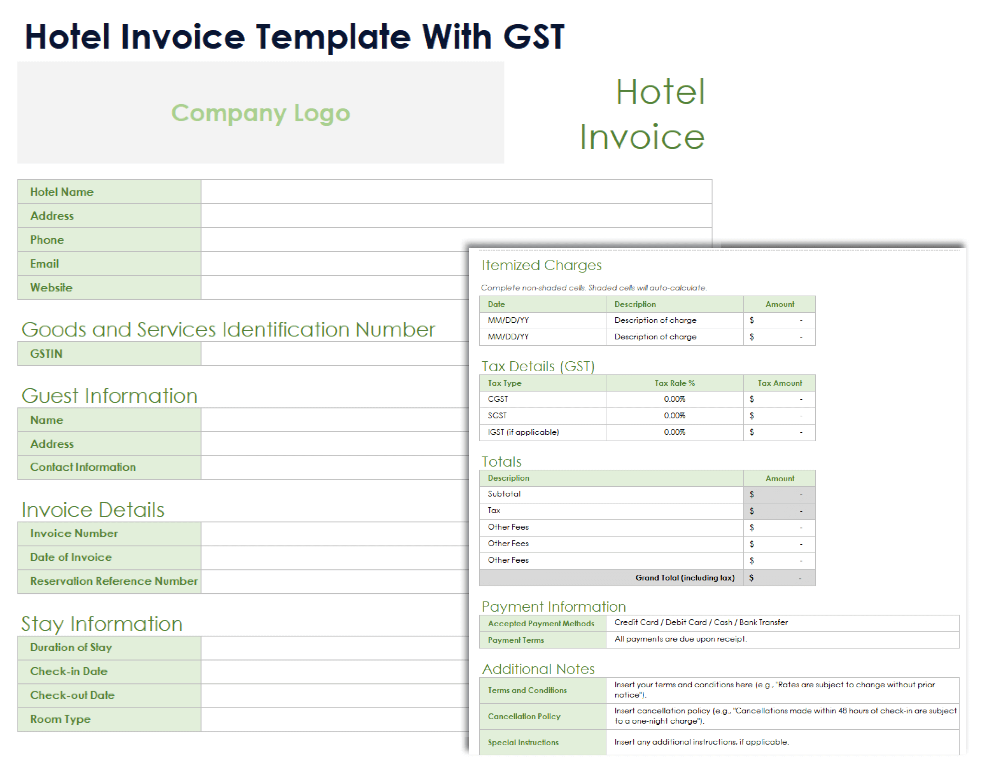 Hotel Invoice Template With GST