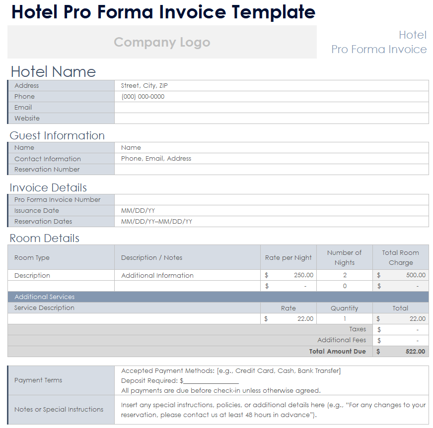 Hotel Pro Forma Invoice Template