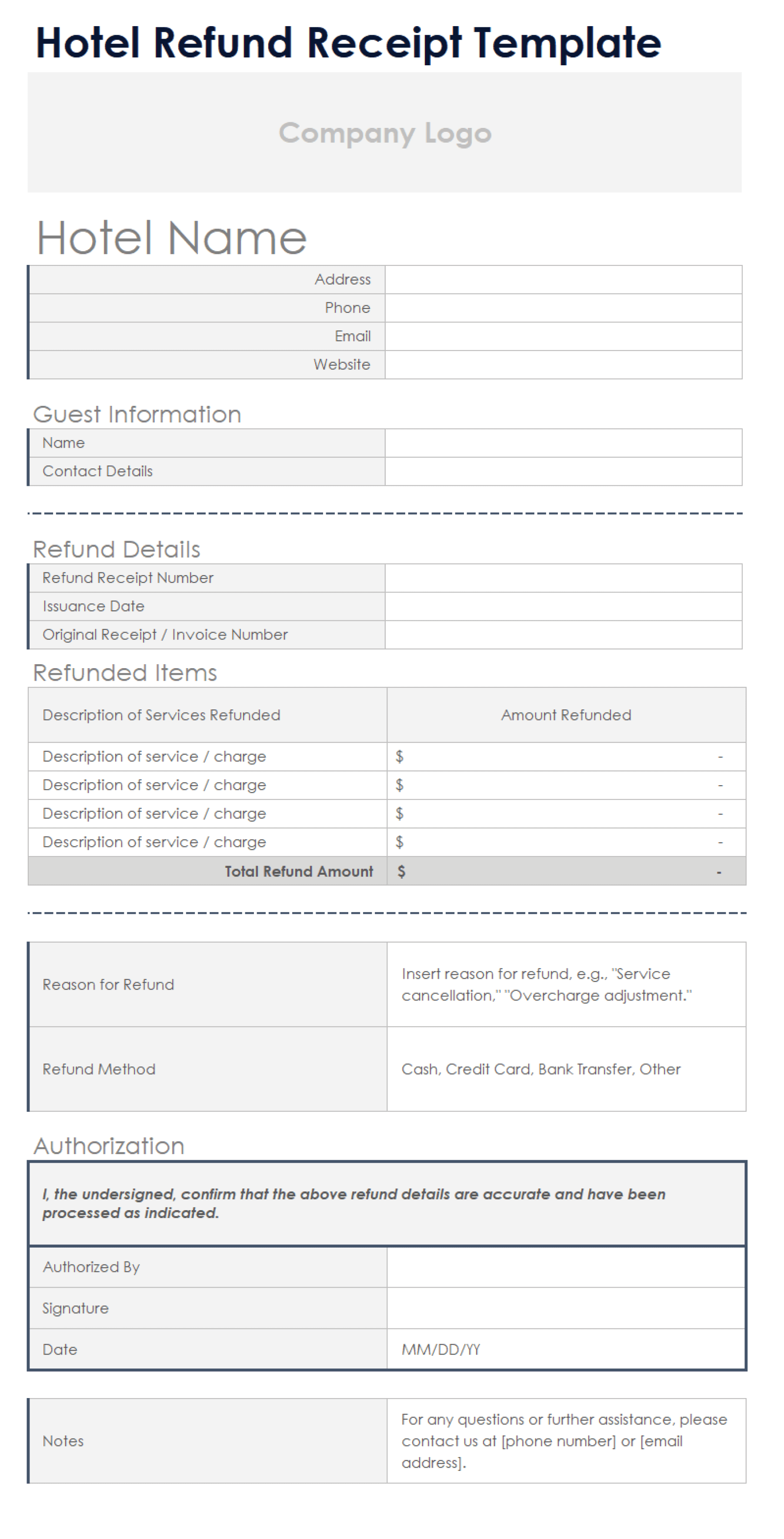 Hotel Refund Receipt Template