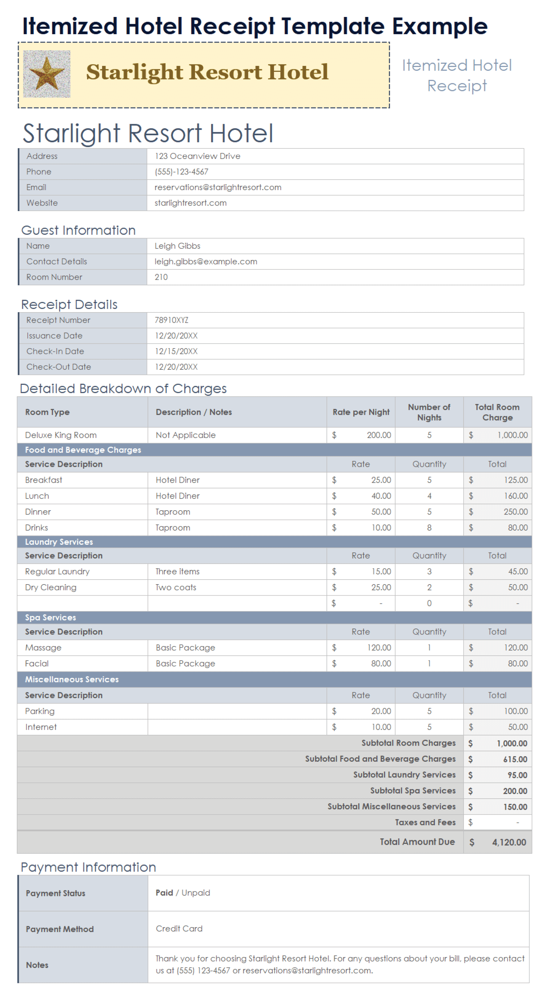 Itemized Hotel Receipt Template Example