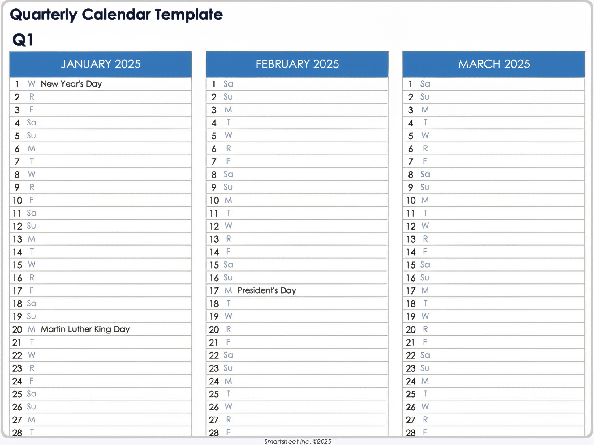 Quarterly Calendar Template