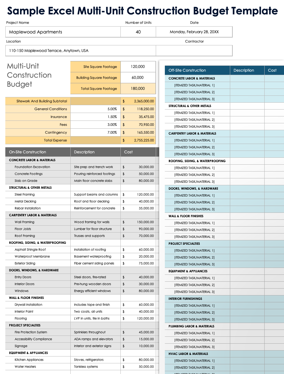 Sample Excel Multi Unit Construction Budget Template