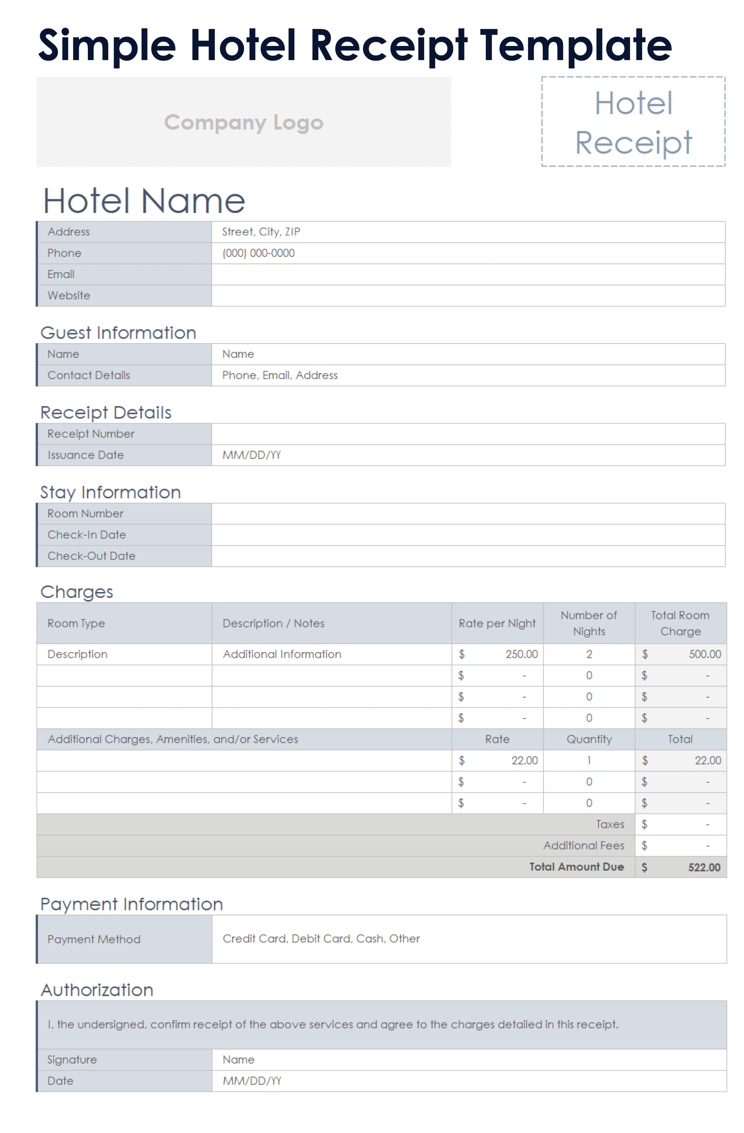 Simple Hotel Receipt Template