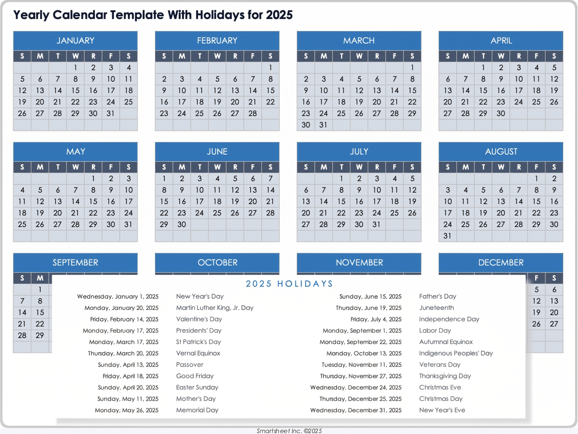 Yearly Calendar Template With Holidays for 2025