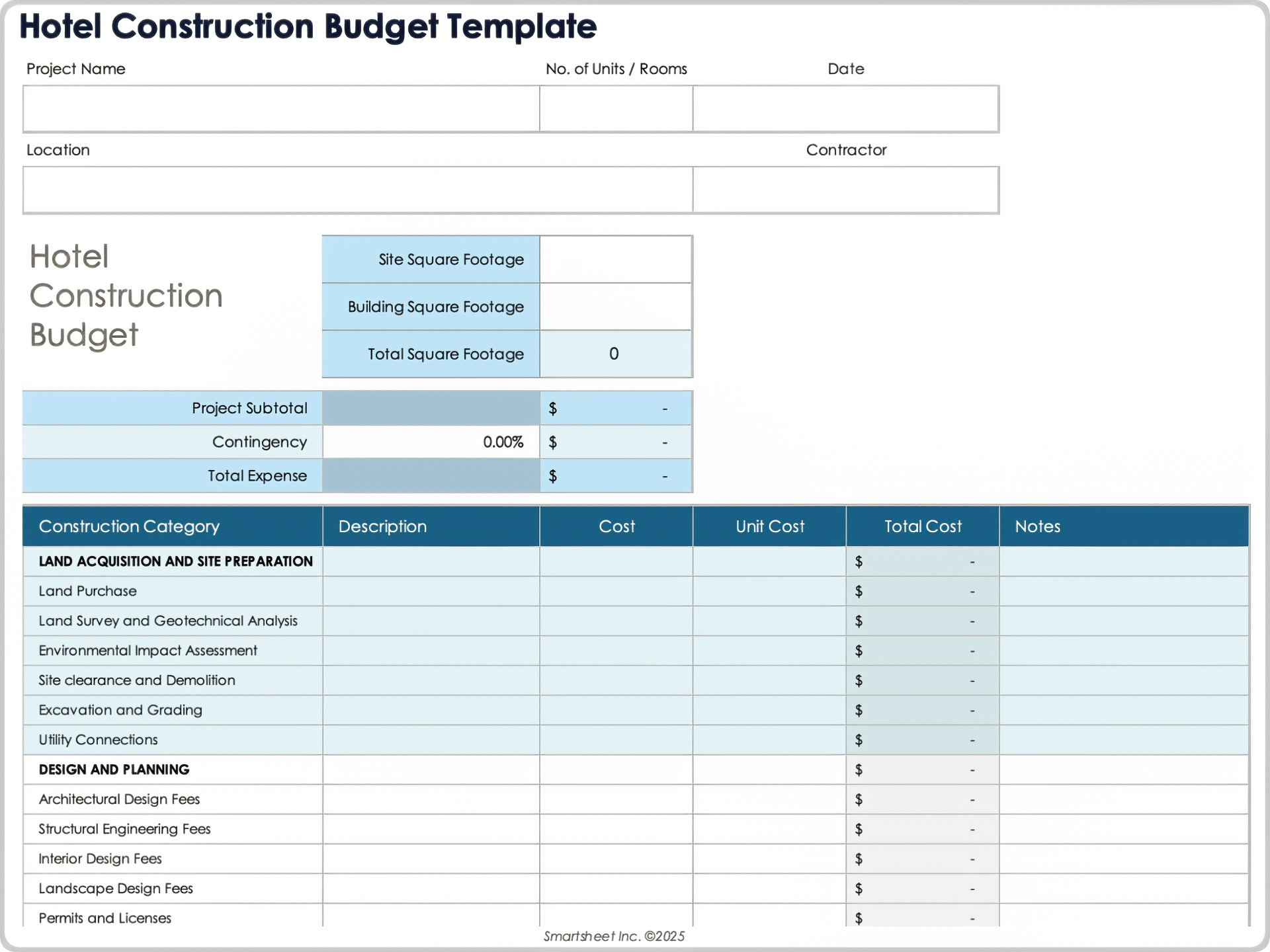 Hotel Construction Budget Template