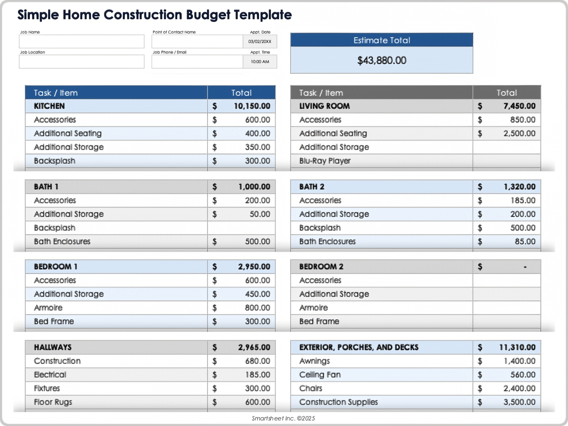 Simple Home Construction Budget Template