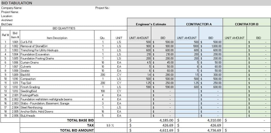 Electrical Contractor Bid Sheet