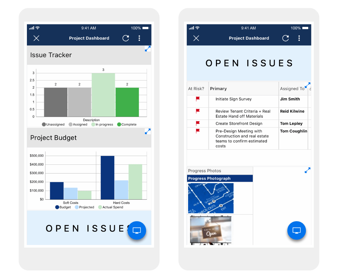 Two examples of a construction project dashboard in Smartsheet, displayed on smartphones.