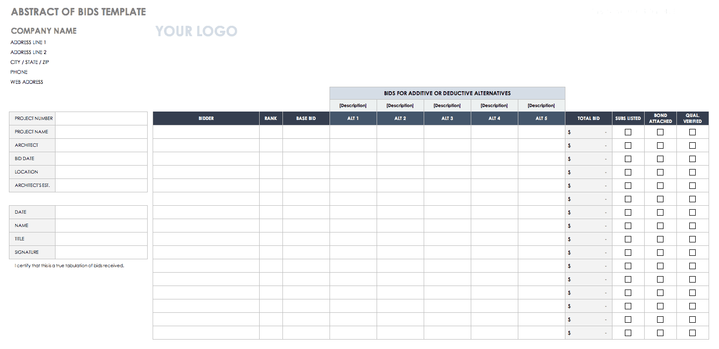 Free Bid Proposal Templates Smartsheet Bank2home Com   IC Abstract Of Bids Template 