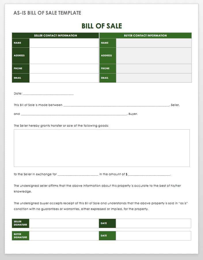 Simple Printable Bill Of Sale Template As Is