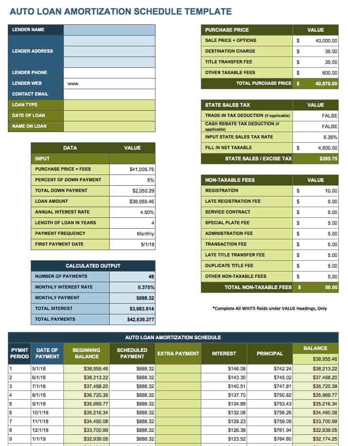 auto loan excel template